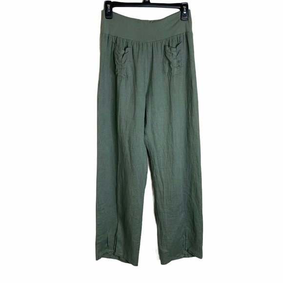ENTRACTE Green Linen Elastic Waist Back Pockets Relaxed Fit Pants Women S Italy - Picture 1 of 10